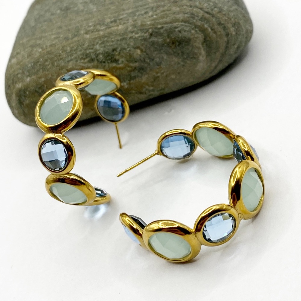 NEW Gold & Blue Stones Chunky Hoop Earrings - Picture 5 of 16